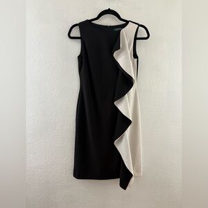 Ralph Lauren Black Ivory Sleeveless Ruffle Front Knee Length dress size 0P